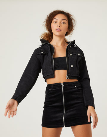 Cropped Hoodie Denim Jacket Outerwear Black Small -2020AVE