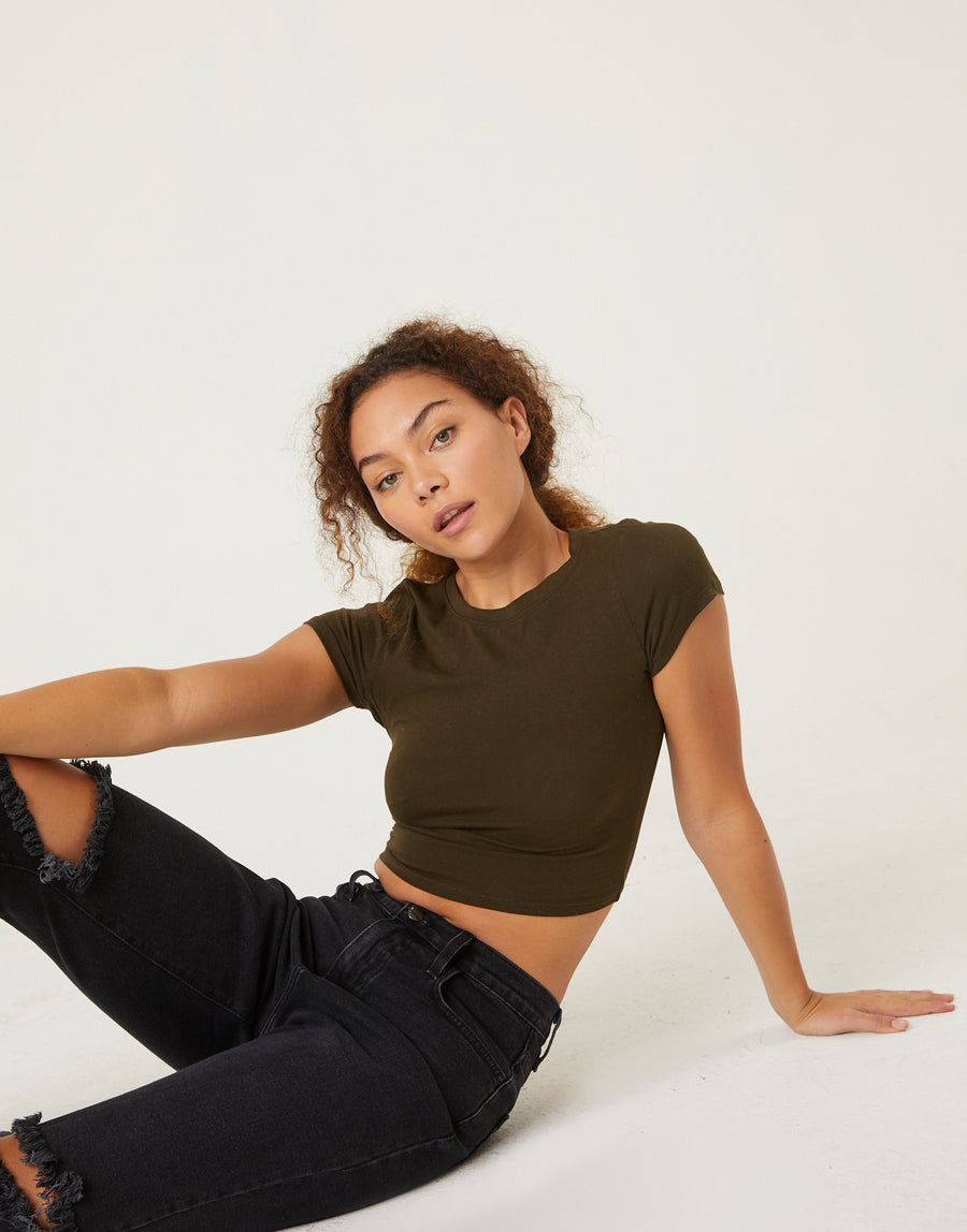 Basic Crop Tee Tops Dark Olive Small -2020AVE