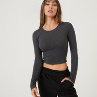 Basic Long Sleeve Crop Top Tops Charcoal Small -2020AVE