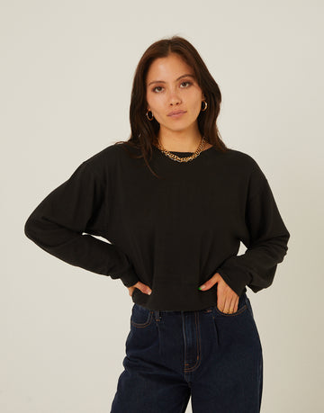 Brushed Knit Crew Neck Top Tops Black Small -2020AVE