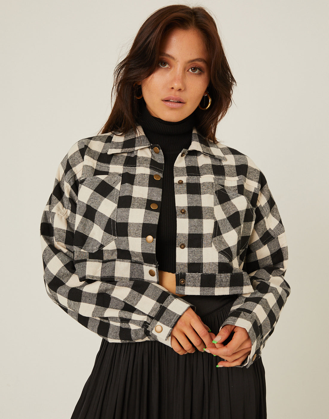 Buffalo Plaid Cropped Flannel Top Tops Black Small -2020AVE