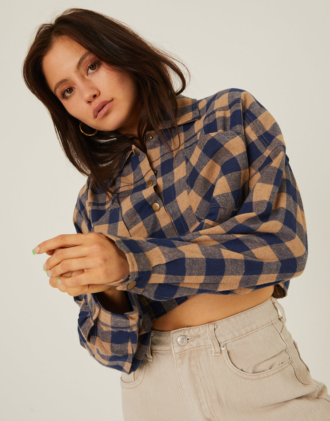 Buffalo Plaid Cropped Flannel Top Tops Taupe Small -2020AVE