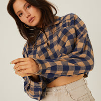 Buffalo Plaid Cropped Flannel Top Tops Taupe Small -2020AVE