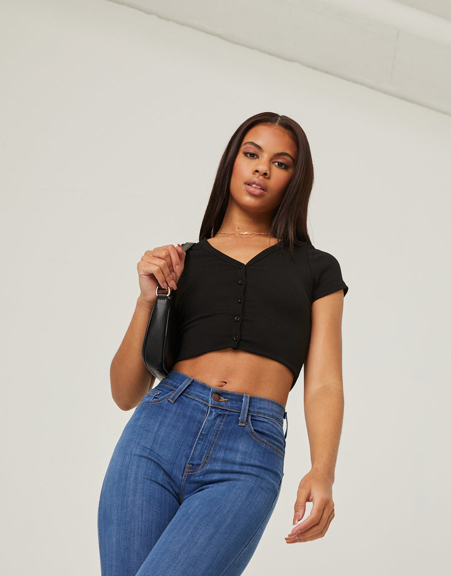 Button Front Cropped Tee Tops Black Small -2020AVE