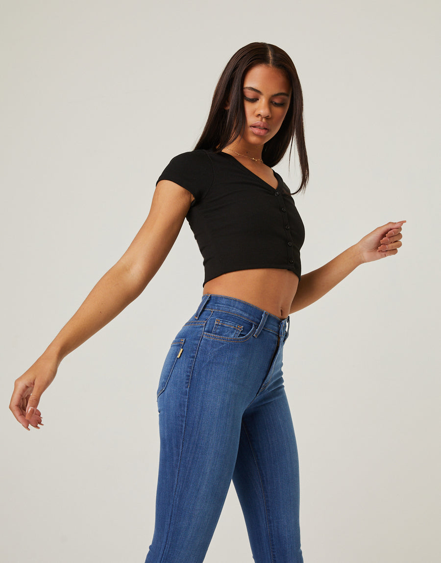 Button Front Cropped Tee Tops -2020AVE