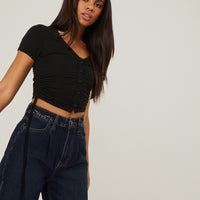 Buttoned Ruched Crop Top Tops Black Small -2020AVE
