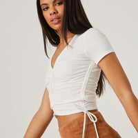 Buttoned Ruched Crop Top Tops -2020AVE