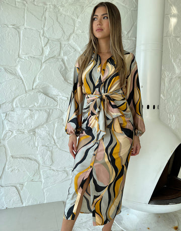 Buttoned Wavy Print Tie Front Dress Dresses -2020AVE