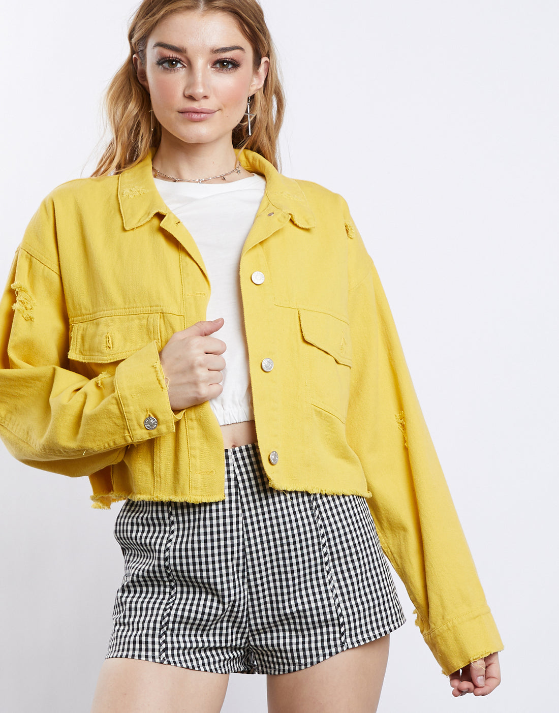 Color Pop Crop Denim Jacket Outerwear Yellow S/M -2020AVE