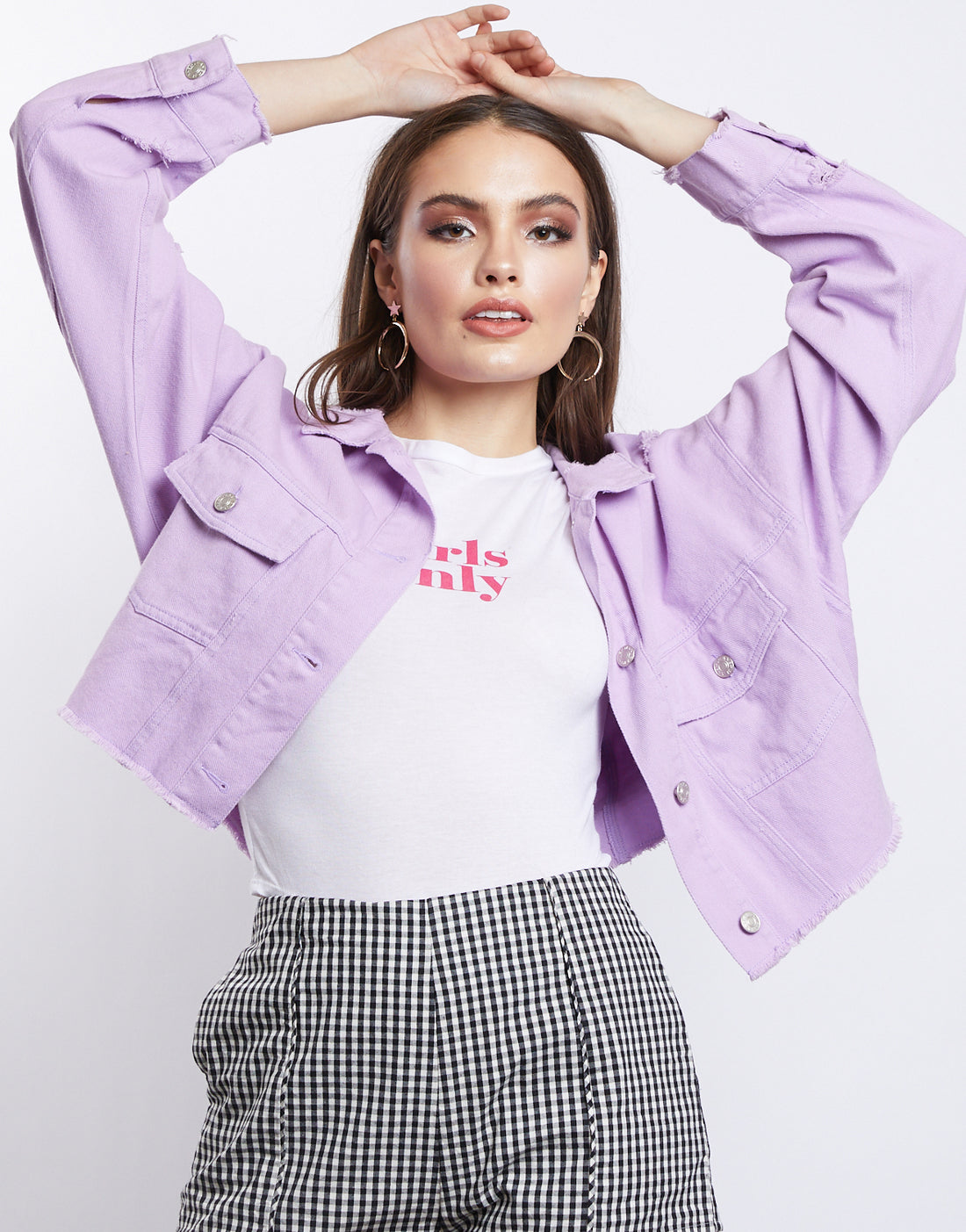 Color Pop Crop Denim Jacket Outerwear Lavender S/M -2020AVE