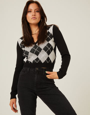 Cropped Argyle Sweater Tops Black Small -2020AVE