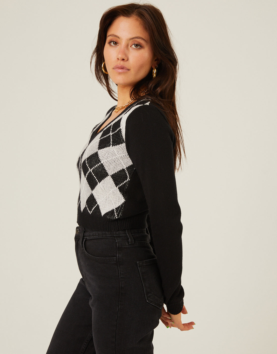 Cropped Argyle Sweater Tops -2020AVE