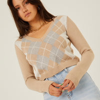 Cropped Argyle Sweater Tops Taupe Small -2020AVE