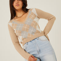Cropped Argyle Sweater Tops -2020AVE