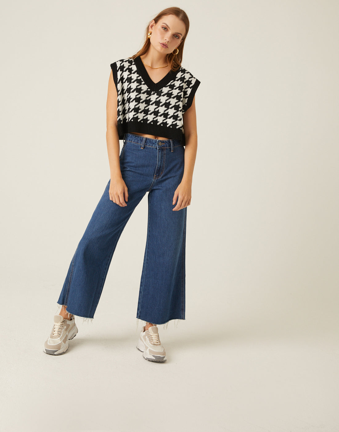 Cropped Houndstooth Sweater Vest Tops -2020AVE