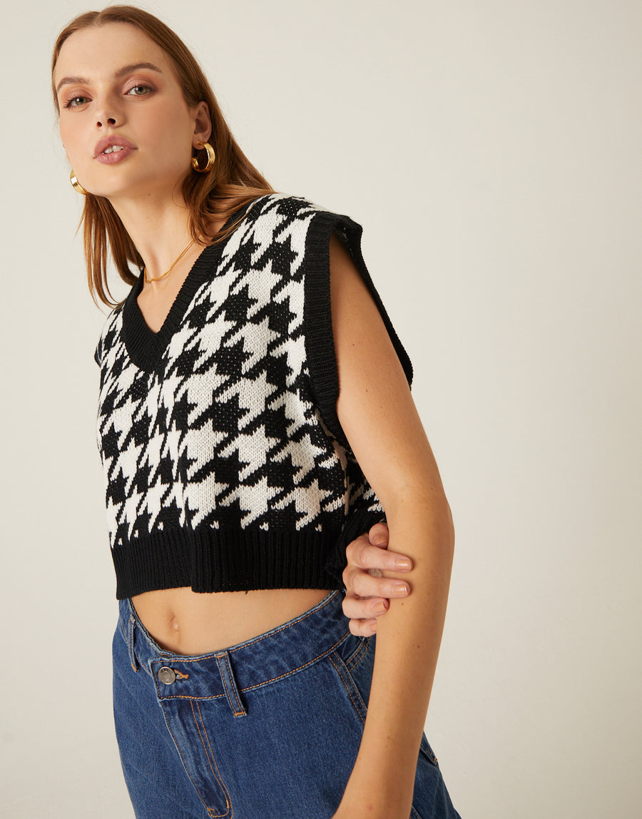 Cropped Houndstooth Sweater Vest Tops -2020AVE