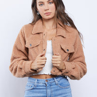 Cropped Button Up Sherpa Coat Outerwear Light Brown Small -2020AVE