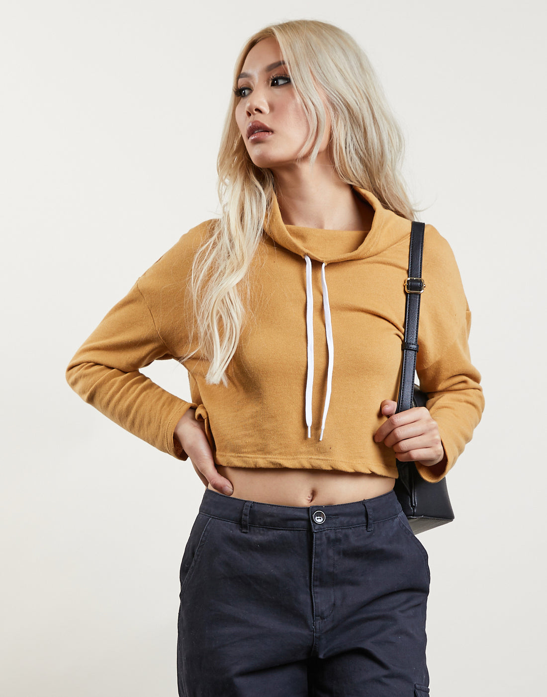 Cropped Funnel Neck Sweatshirt Tops Mustard Small -2020AVE