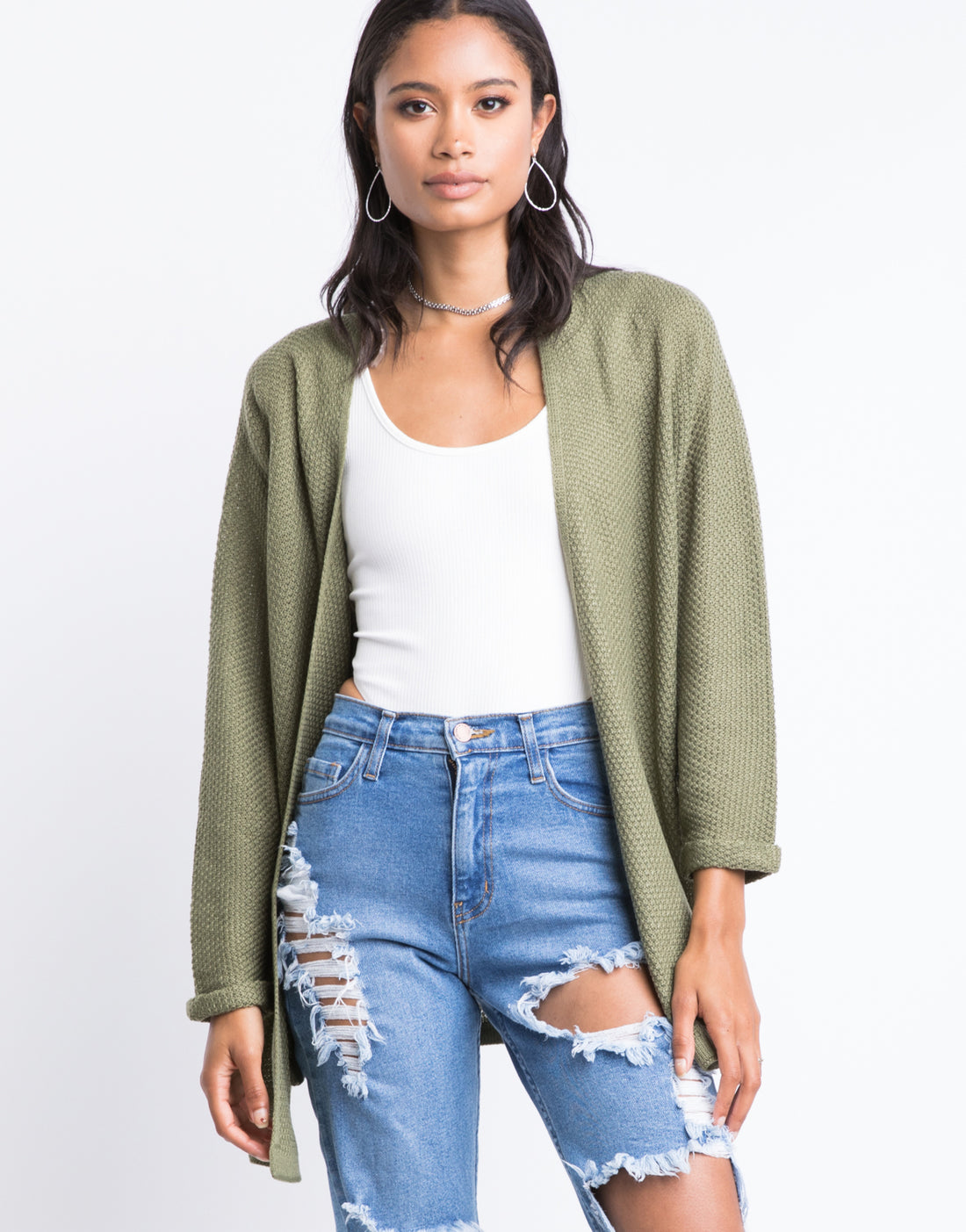 Textured Cuffed Sleeves Cardigan Outerwear Olive S/M -2020AVE