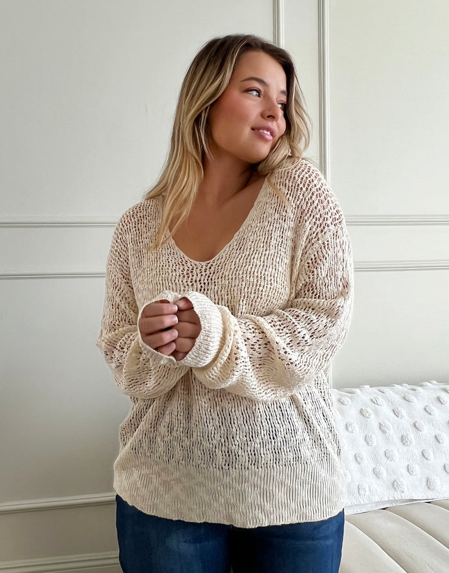 Curve Airy Crochet Sweater Plus Size Tops Cream 1XL -2020AVE