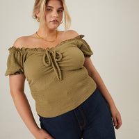 Curve All-Over Smocked Top Plus Size Tops Olive 1XL -2020AVE