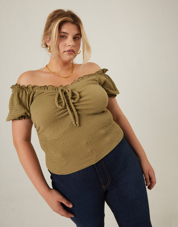 Curve All-Over Smocked Top Plus Size Tops Olive 1XL -2020AVE