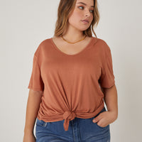 Curve Anytime Simple Knot Tee Plus Size Tops Brown 1XL -2020AVE