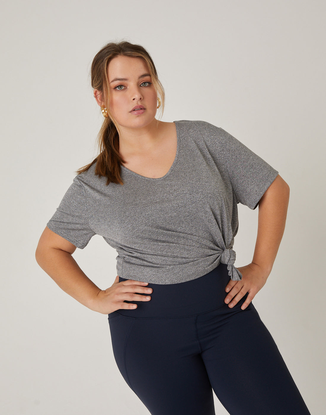 Curve Anytime Simple Knot Tee Plus Size Tops Gray 1XL -2020AVE