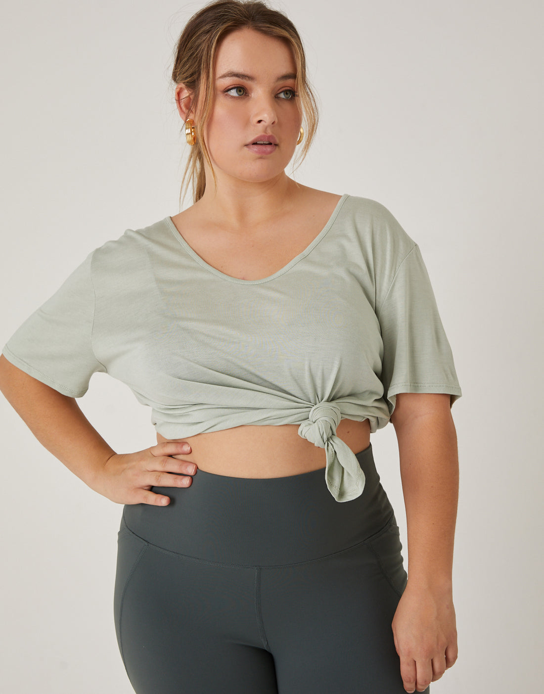Curve Anytime Simple Knot Tee Plus Size Tops Green 1XL -2020AVE