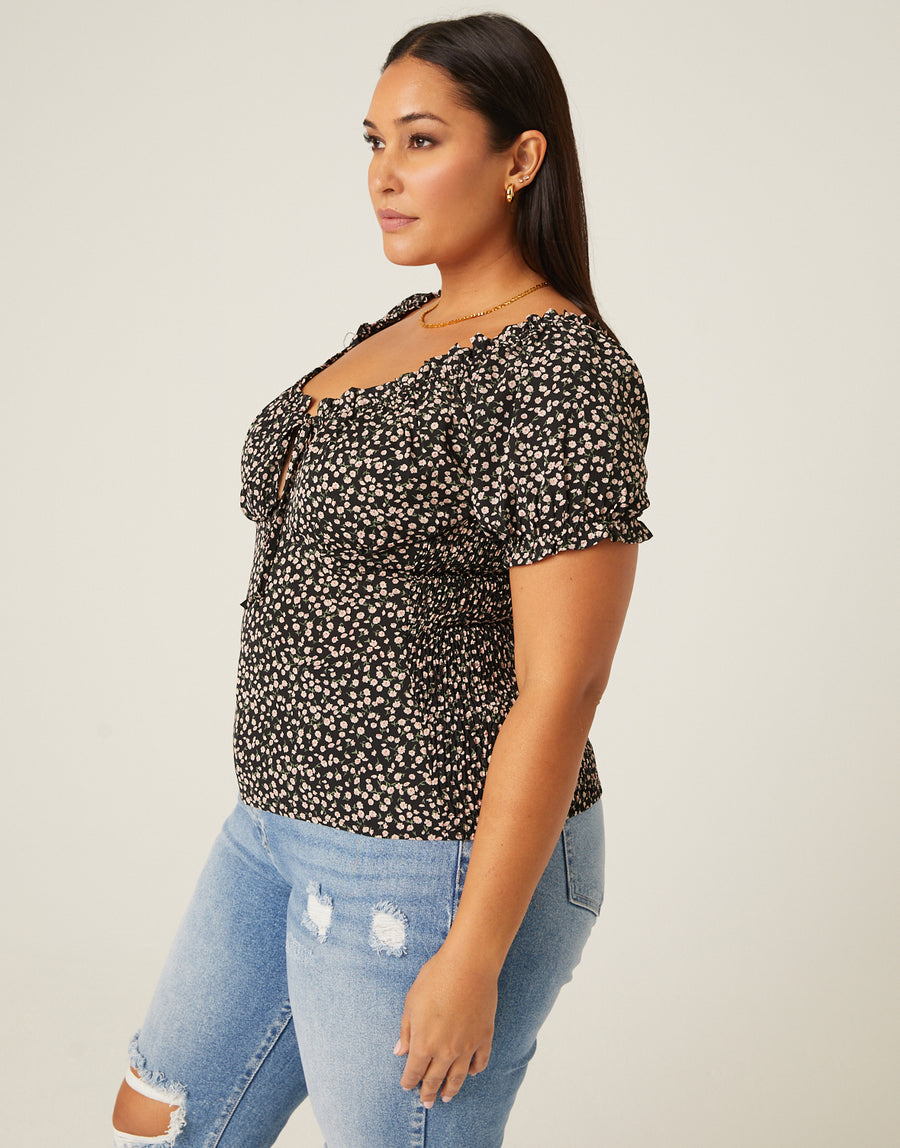 Curve Back Smocked Floral Top Plus Size Tops -2020AVE