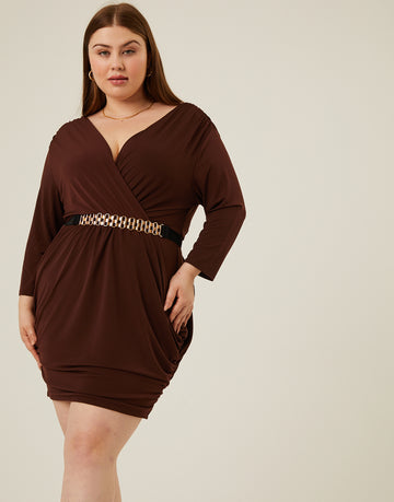 Curve Belted Ruched Dress Plus Size Dresses Brown 1XL -2020AVE