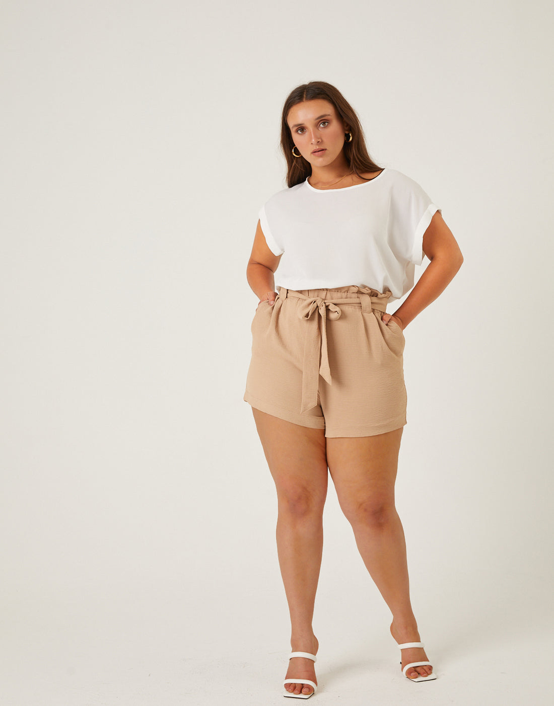 Curve Belted Summer Shorts Plus Size Bottoms Taupe 1XL -2020AVE