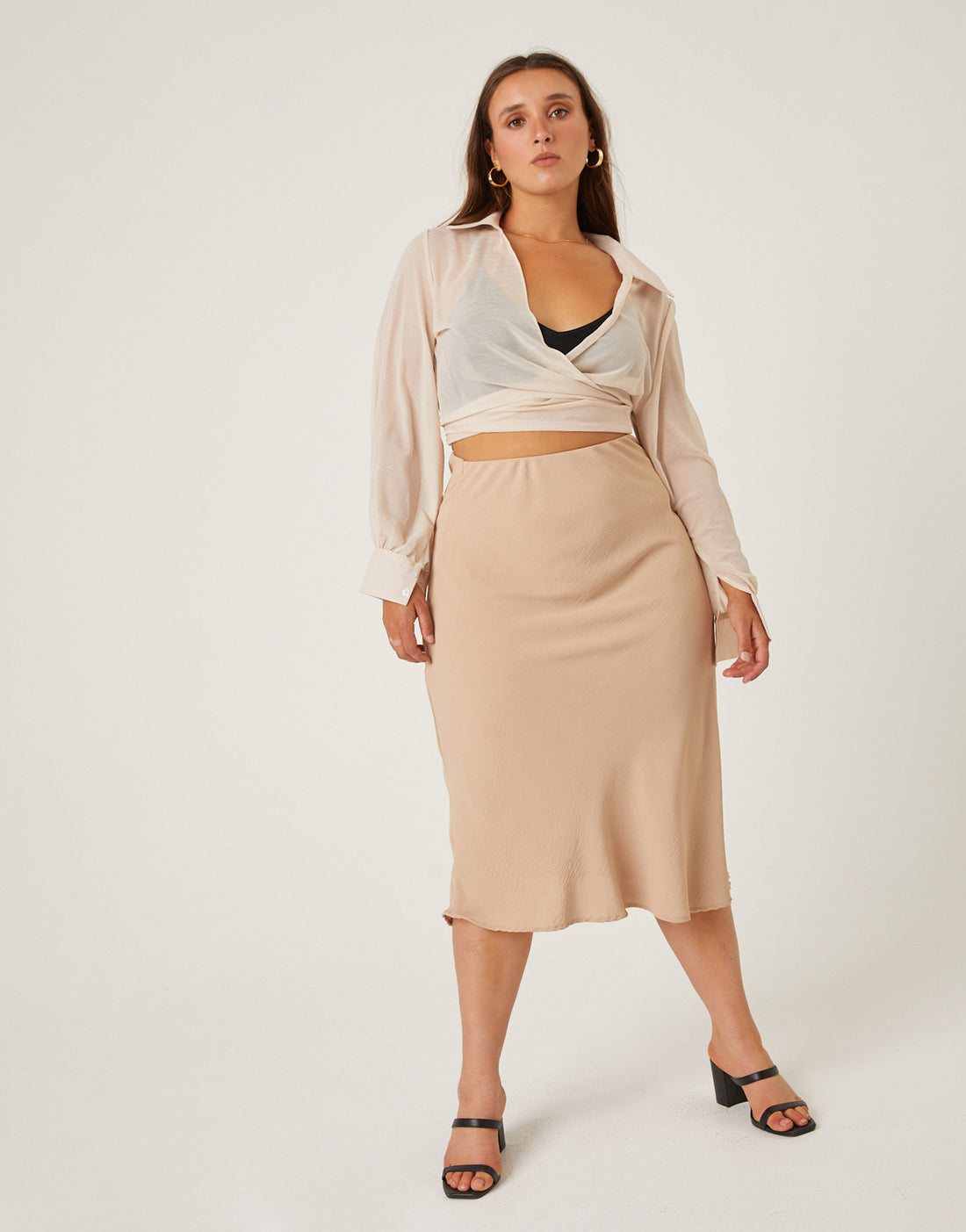 Curve Bias Cut Midi Skirt Plus Size Bottoms Taupe 1XL -2020AVE