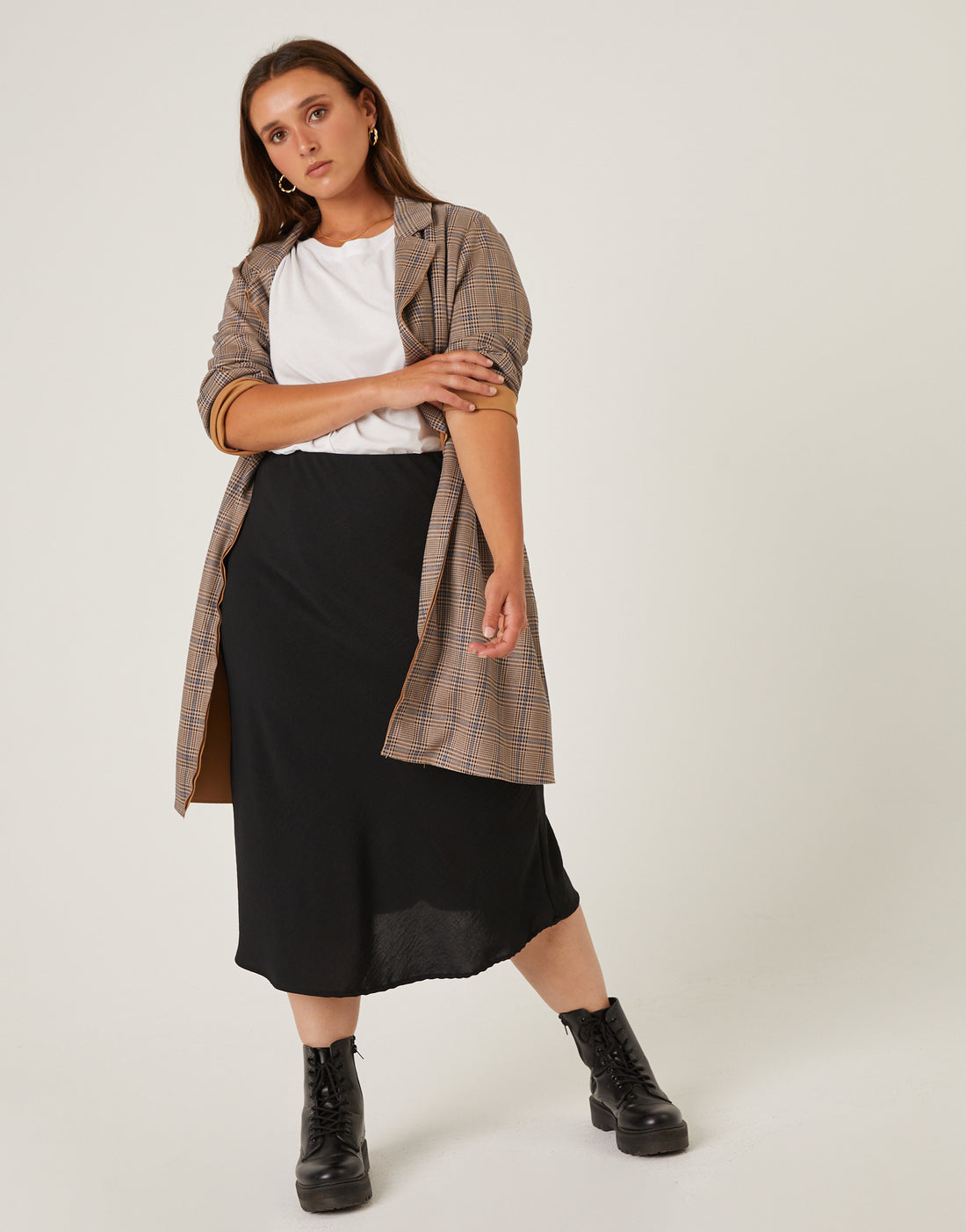 Curve Bias Cut Midi Skirt Plus Size Bottoms Black 1XL -2020AVE