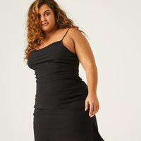 Curve Bias Cut Slip Dress Plus Size Dresses Black 1XL -2020AVE