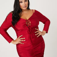 Curve Cold Shoulder Ruched Dress Plus Size Dresses Red 1XL -2020AVE