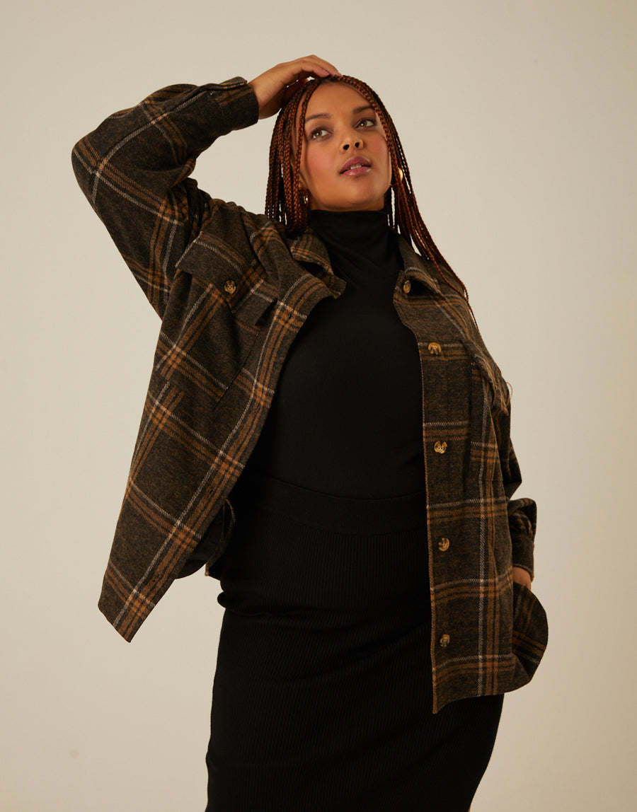Curve Brushed Plaid Shacket Plus Size Outerwear -2020AVE