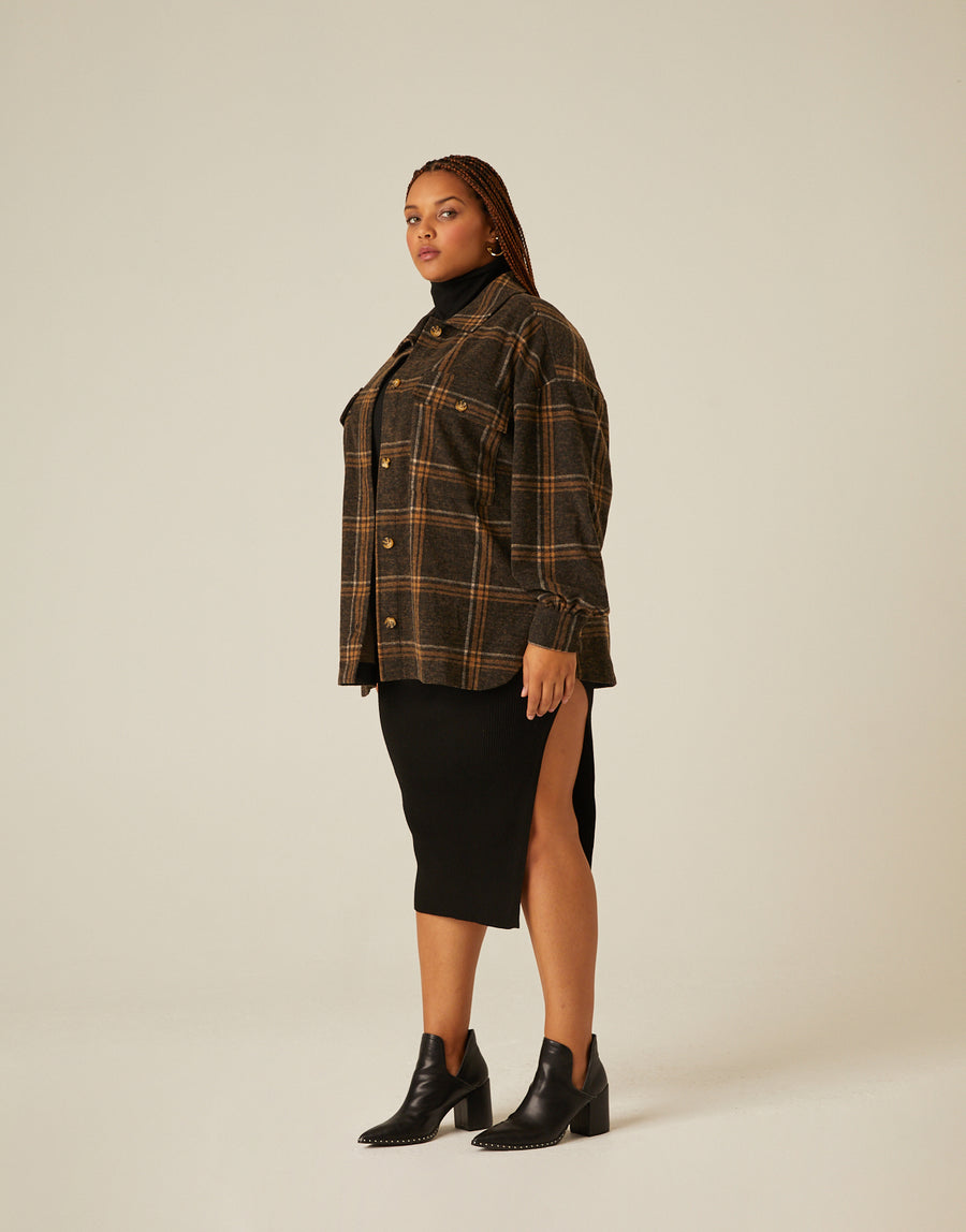 Curve Brushed Plaid Shacket Plus Size Outerwear -2020AVE