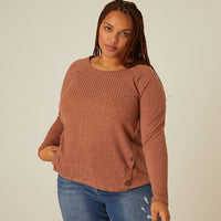 Curve Button Detail Ribbed Top Plus Size Tops Brown 1XL -2020AVE