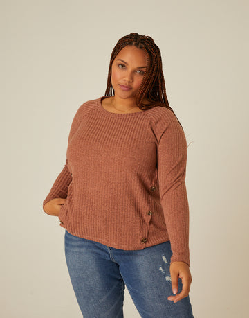 Curve Button Detail Ribbed Top Plus Size Tops Brown 1XL -2020AVE