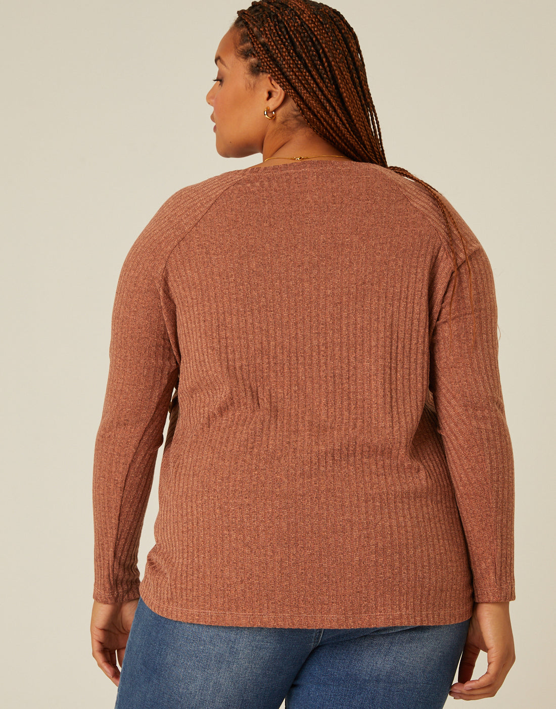 Curve Button Detail Ribbed Top Plus Size Tops -2020AVE