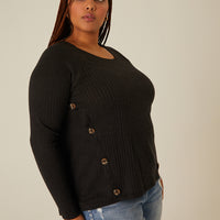 Curve Button Detail Ribbed Top Plus Size Tops -2020AVE