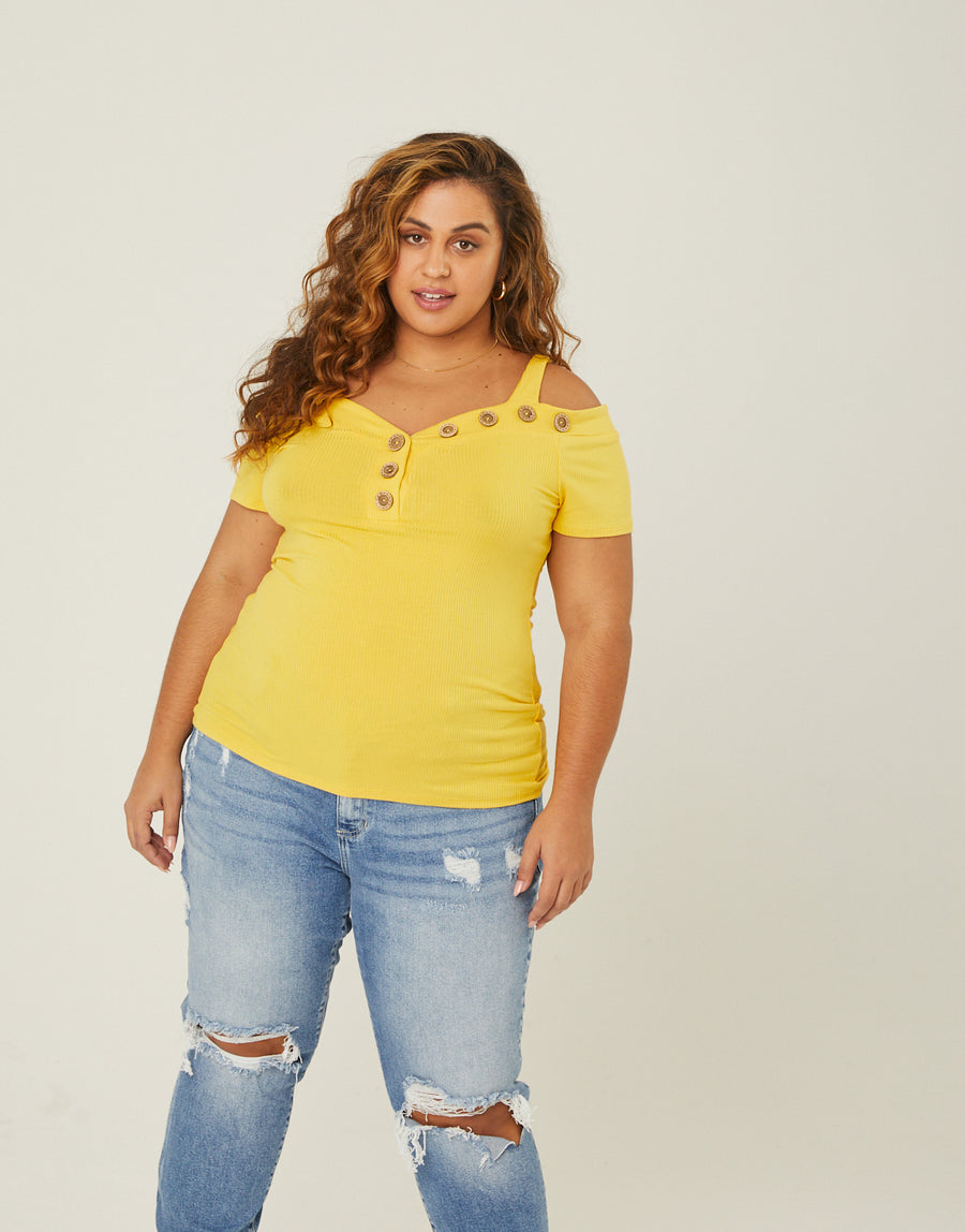 Curve Button Detail Top Plus Size Tops Yellow 1XL -2020AVE