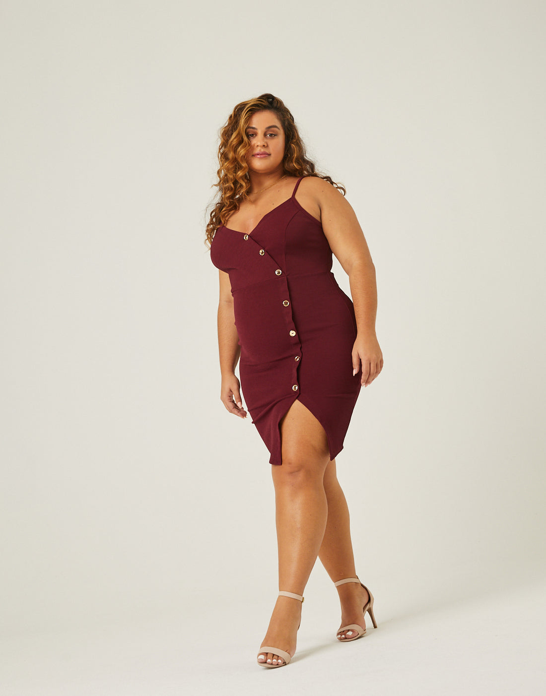 Curve Button Down Asymmetrical Dress Plus Size Dresses Burgundy 1XL -2020AVE