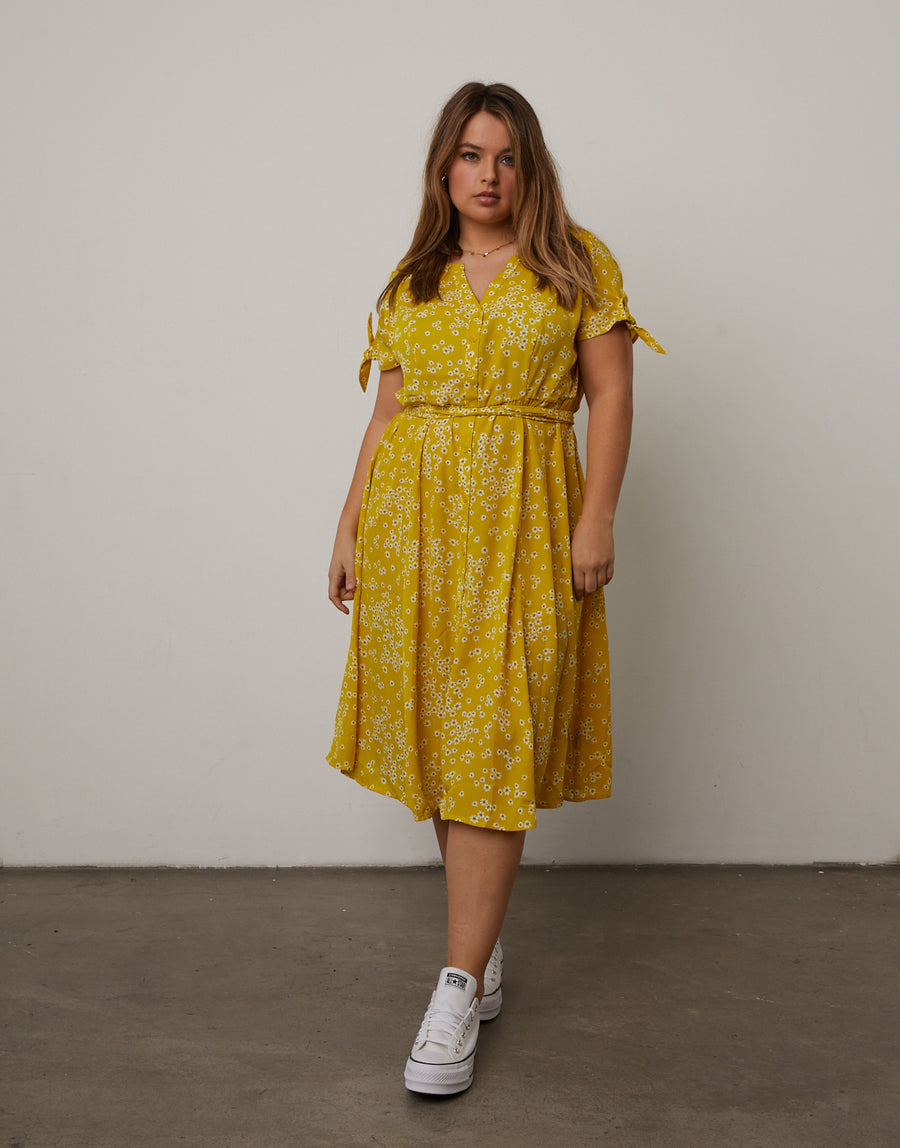 Curve Button Down Floral Sundress Plus Size Dresses Yellow 1XL -2020AVE