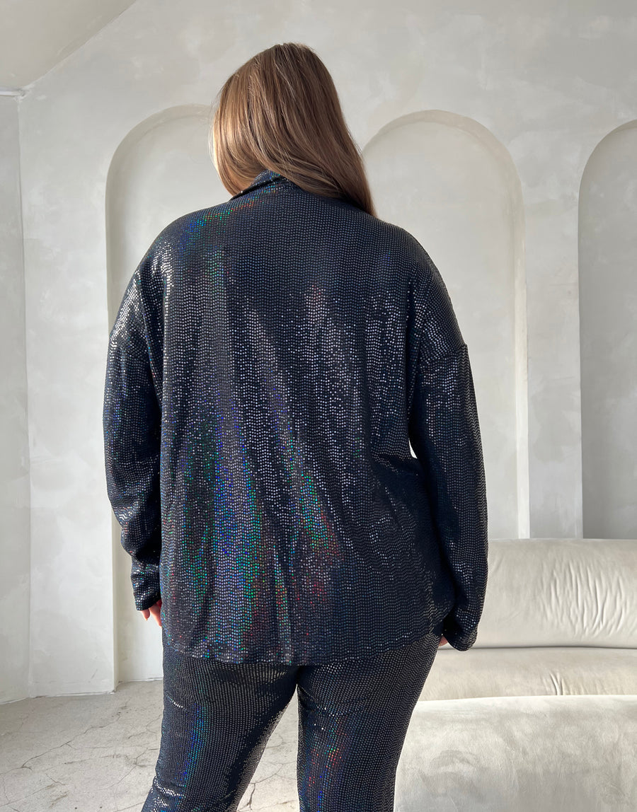 Curve Button Up Disco Sequin Shirt Plus Size Tops -2020AVE