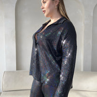 Curve Button Up Disco Sequin Shirt Plus Size Tops -2020AVE