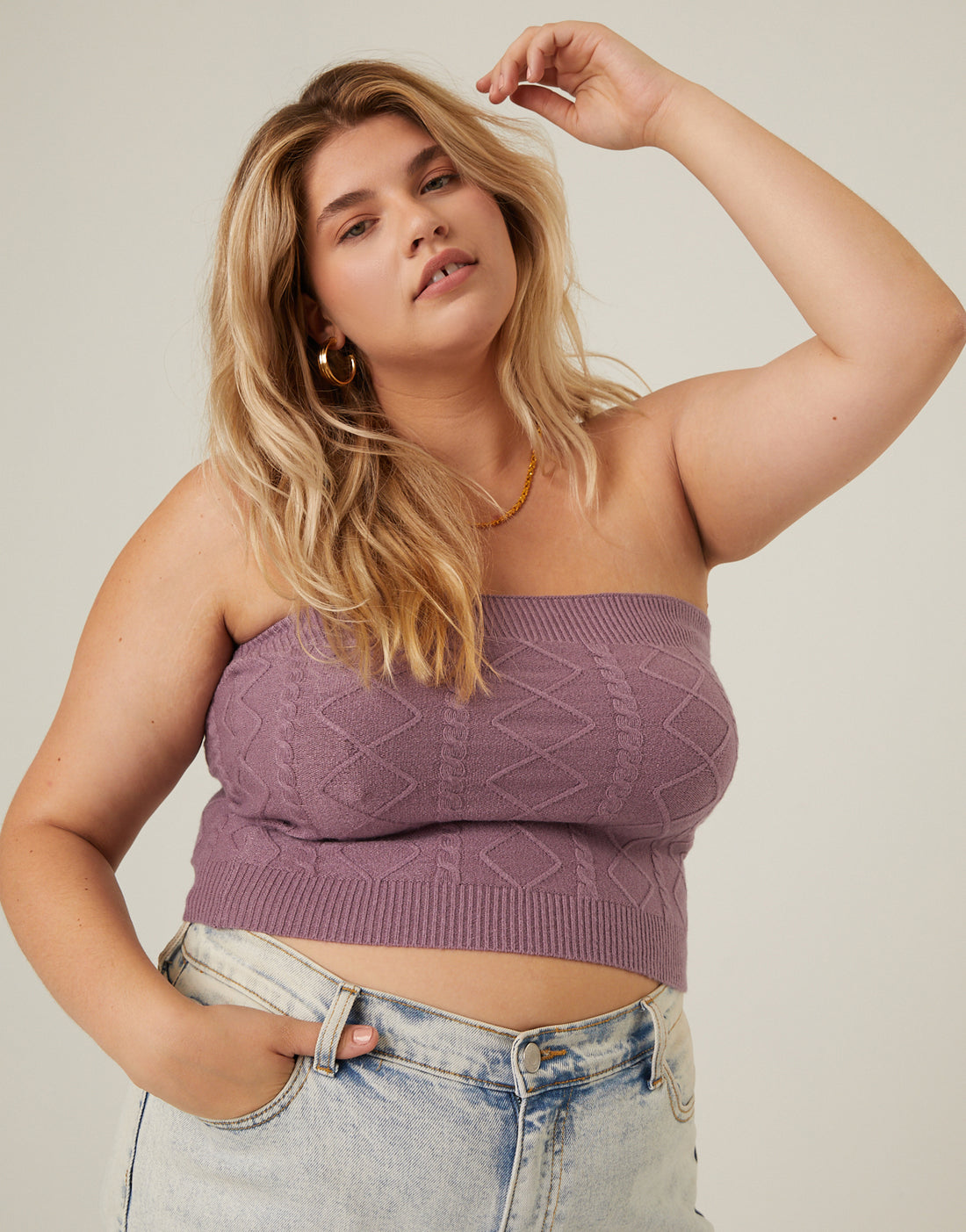 Curve Cable Knit Sweater Tube Top Plus Size Tops Purple 1XL -2020AVE