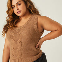 Curve Cable Knit Sweater Vest Plus Size Tops Brown 1XL -2020AVE