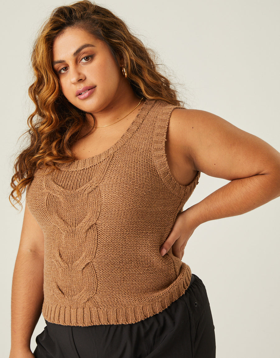 Curve Cable Knit Sweater Vest Plus Size Tops Brown 1XL -2020AVE